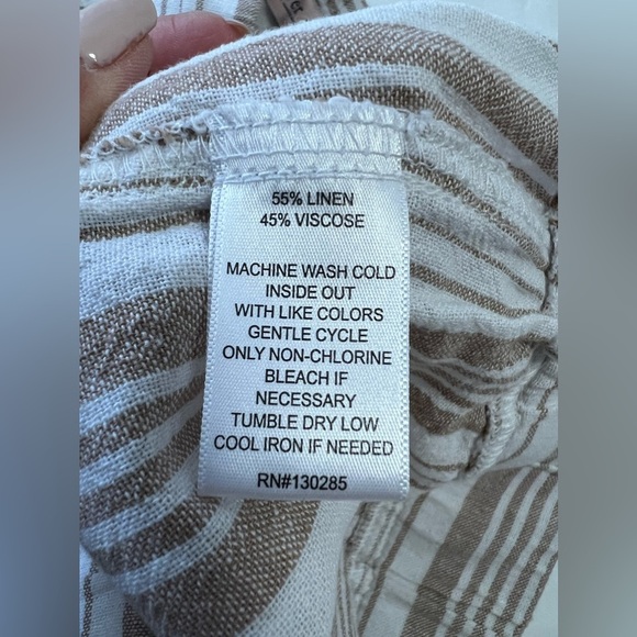 Per Se | Women's SZ M | Khaki White Thin Stripe Pull On Drawstring Linen Jogger - Picture 4 of 8